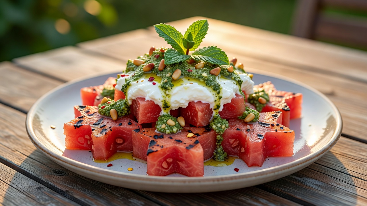 Gegrillte Wassermelonen-Sterne mit Feta-Creme und Minz-Pesto