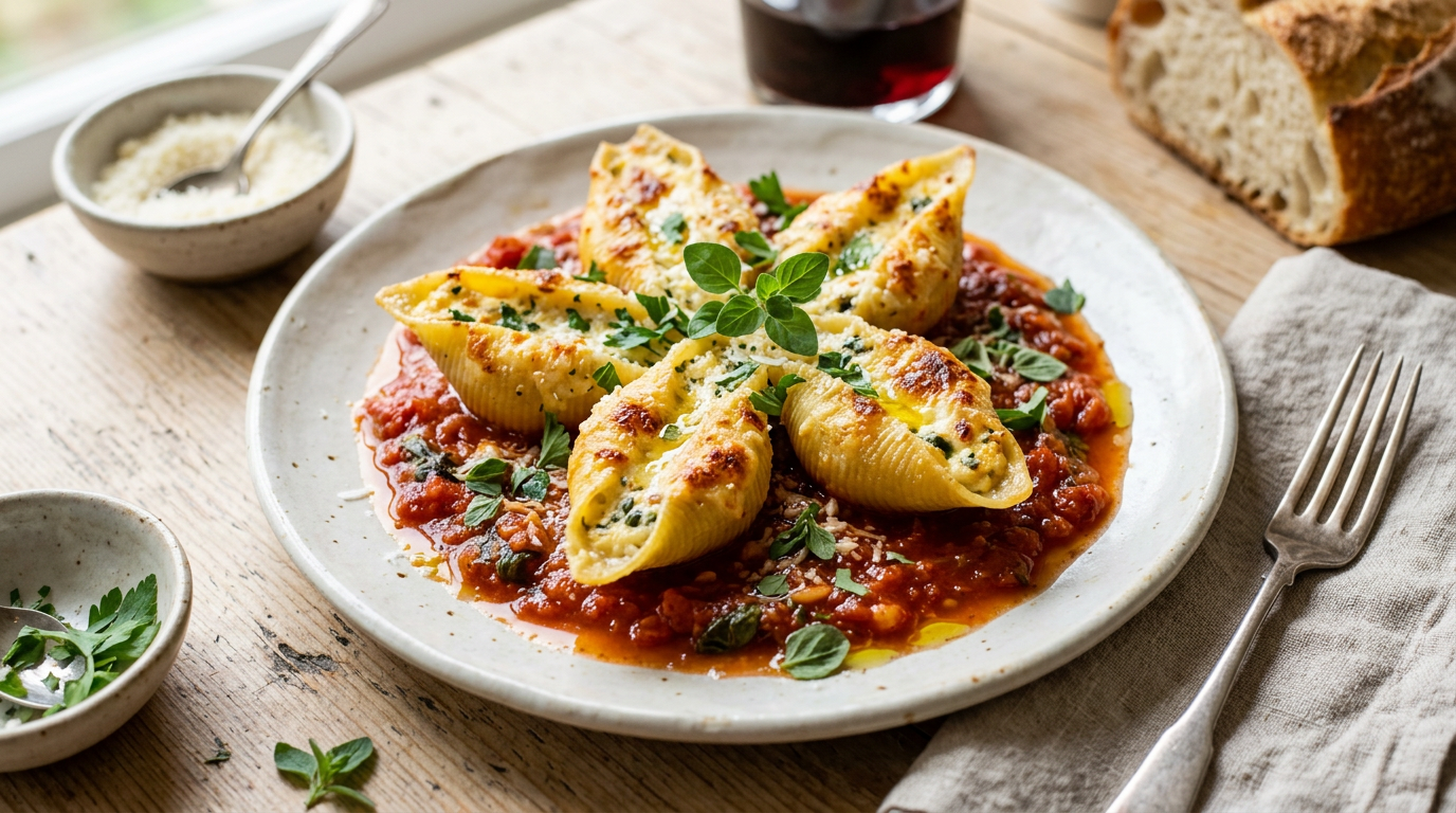Muschel-Nudeln mit Käsefüllung auf Tomaten-Sugo