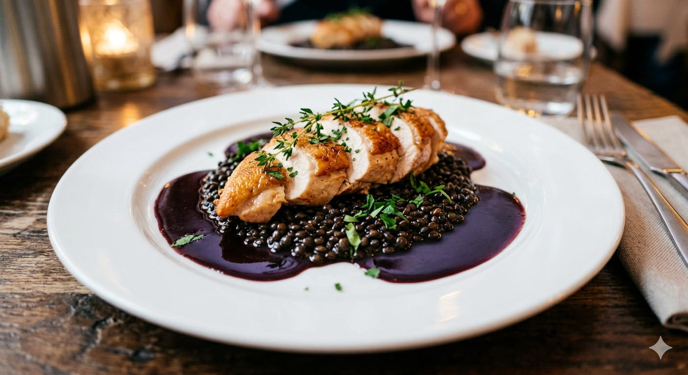 Maispoulardenbrust mit Balsamico-Linsen und Portweinsauce