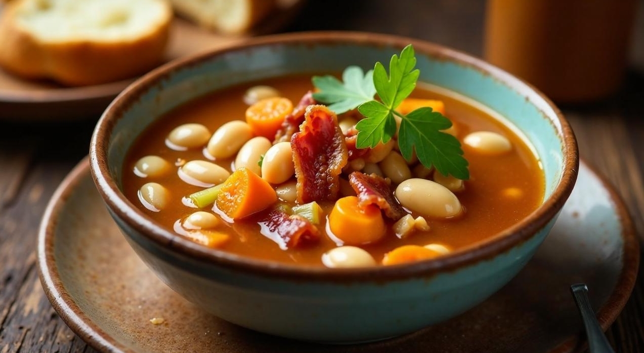 Würzige Bohnensuppe mit Speck