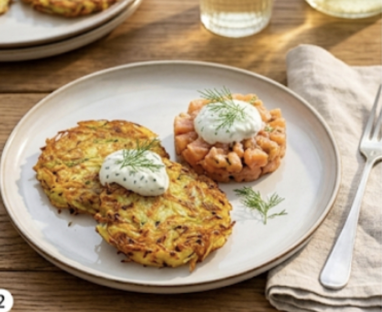 Kartoffel-Zucchinirösti mit Lachstatar und Schnittlauchcreme