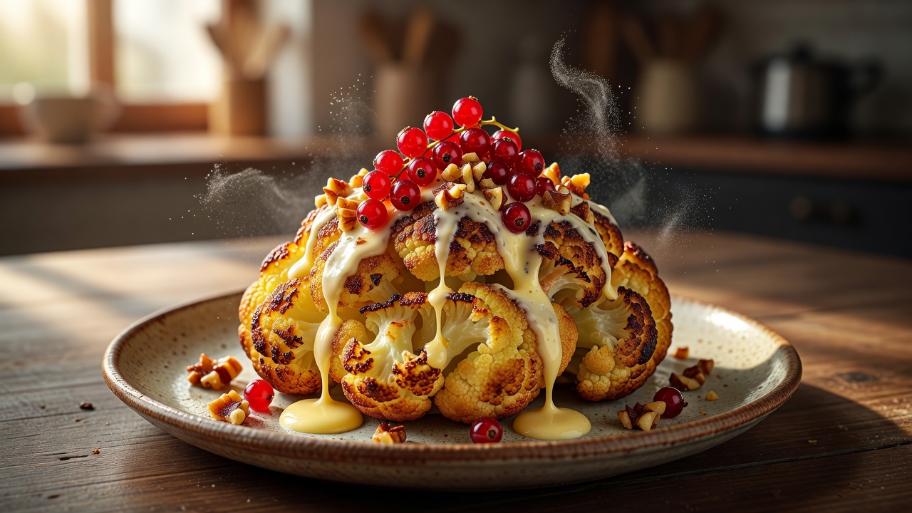 Gerösteter Blumenkohl mit Johannisbeer-Walnuss-Crunch und Zitronen-Quark-Sauce