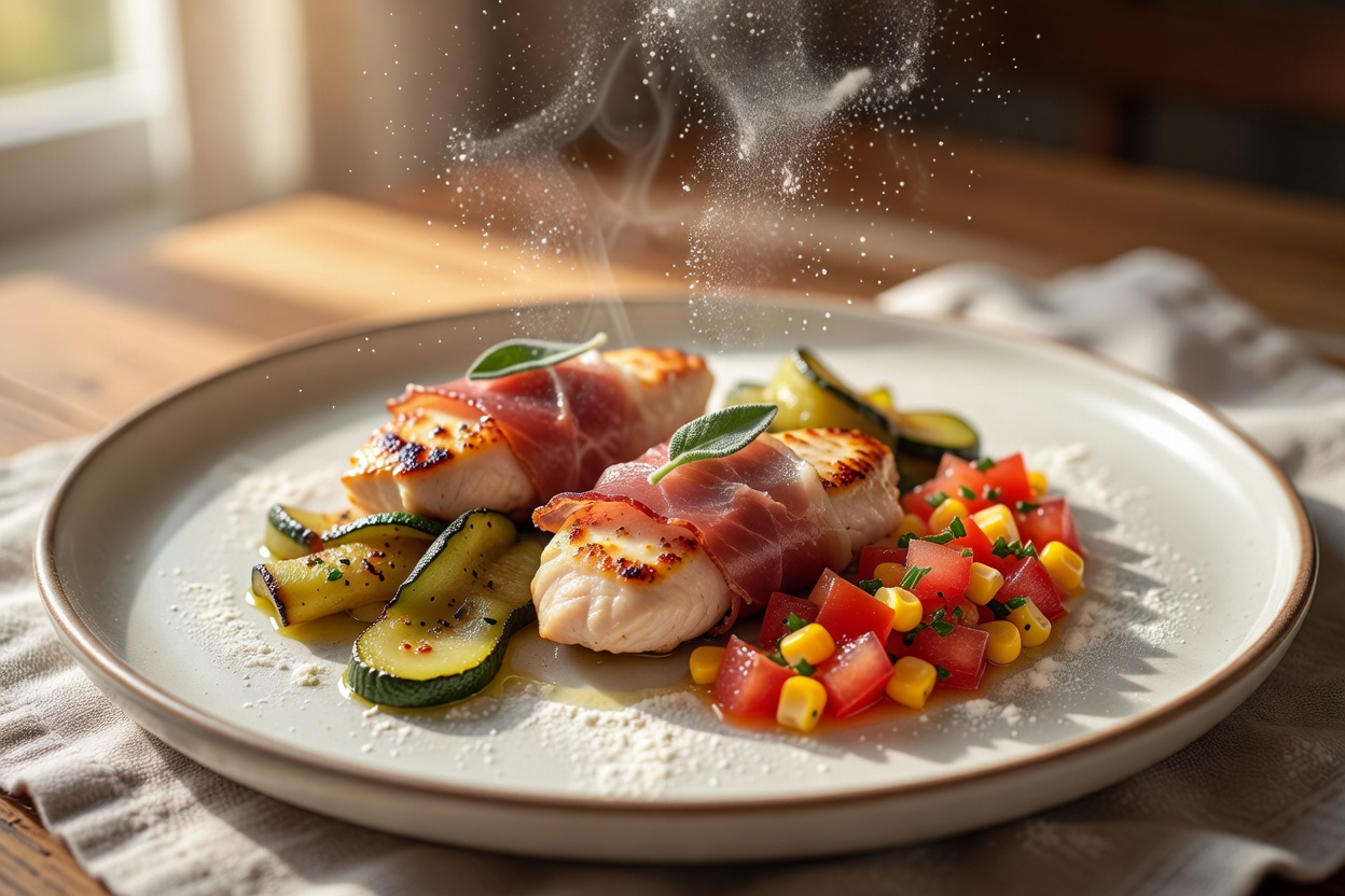 Hähnchen-Saltimbocca mit geschmorten Zucchini und Tomaten-Mais-Salsa