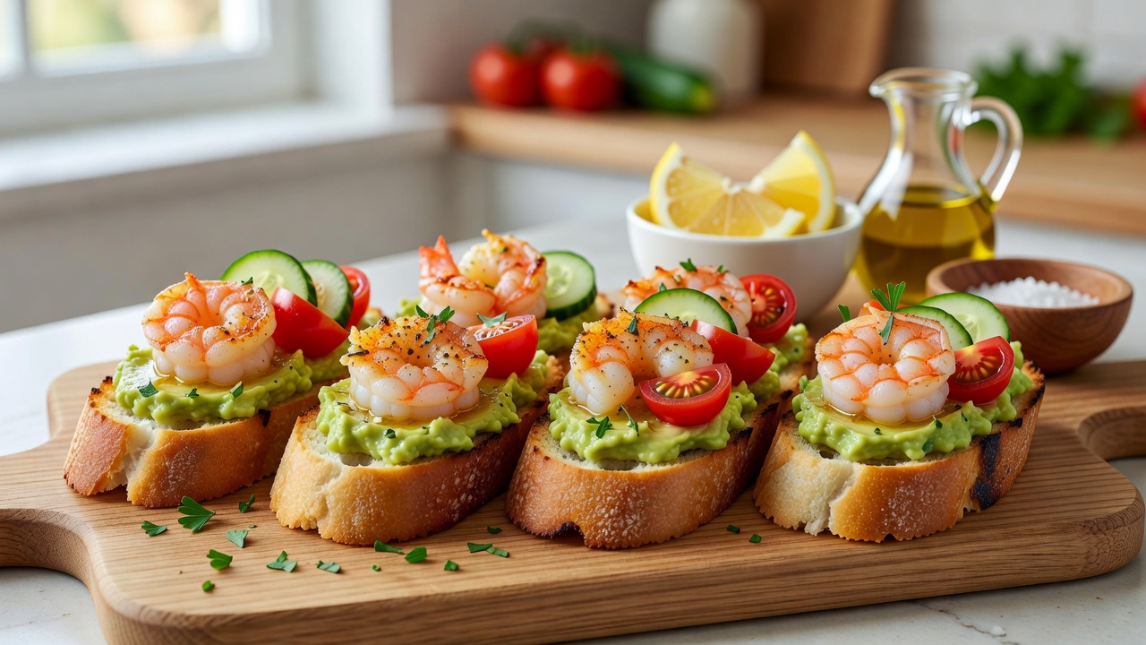 Avocado-Bruschetta mit Scampi, Tomaten und Gurke