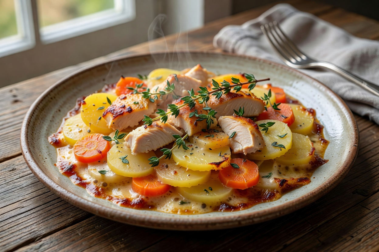 Kartoffel-Möhren-Auflauf mit Hähnchen und Thymian