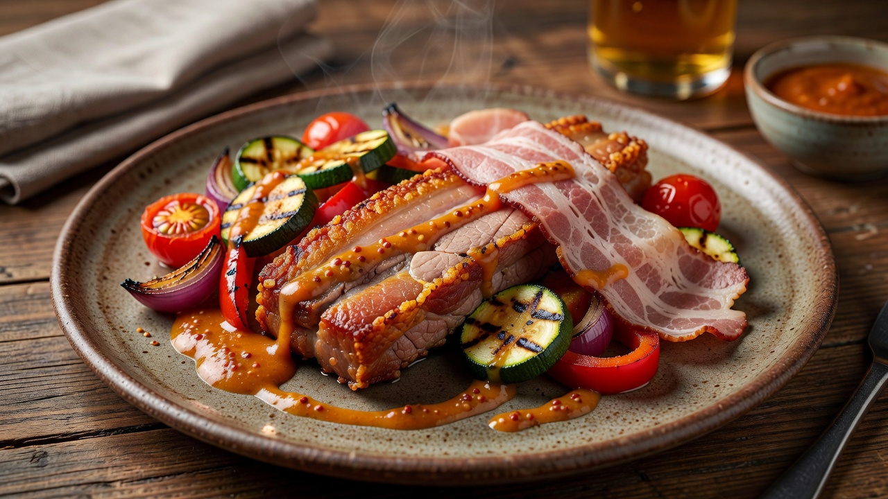 Knuspriger Schweinebauch mit Sommerspeck, Grillgemüse und Aprikosen-Senf-Sauce