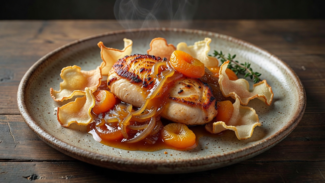 Hähnchen mit Aprikosen-Zwiebel-Konfitüre und knusprigen Kohlrabi-Chips