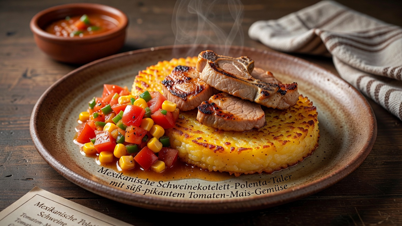 Mexikanische Schweinekotelett-Polenta-Taler mit süß-pikantem Tomaten-Mais-Gemüse
