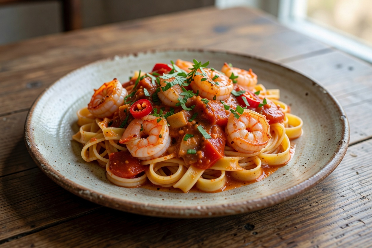 Pasta mit Garnelen und Tomaten