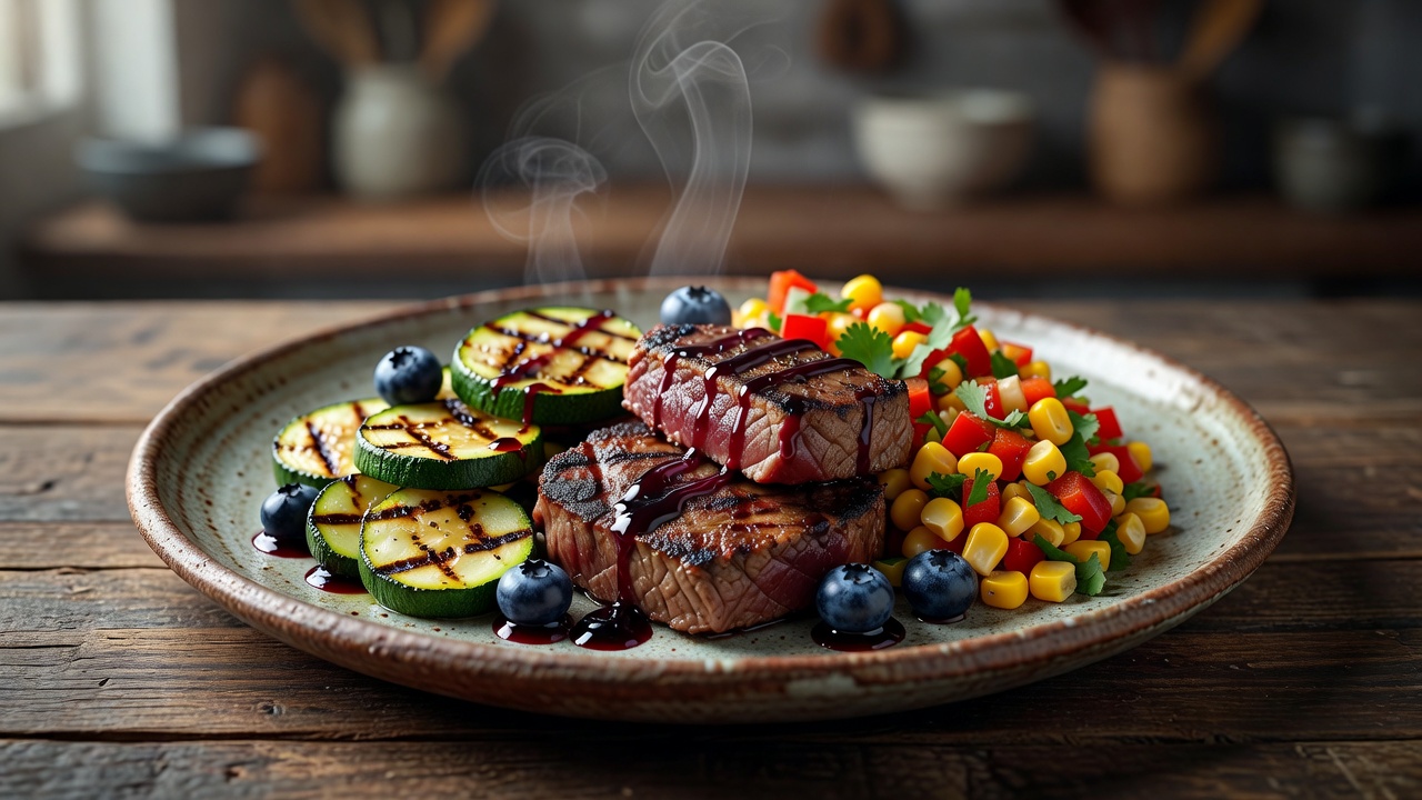 Thunfisch-Steaks mit gegrillter Zucchini, Mais-Salsa und Heidelbeer-Balsamico