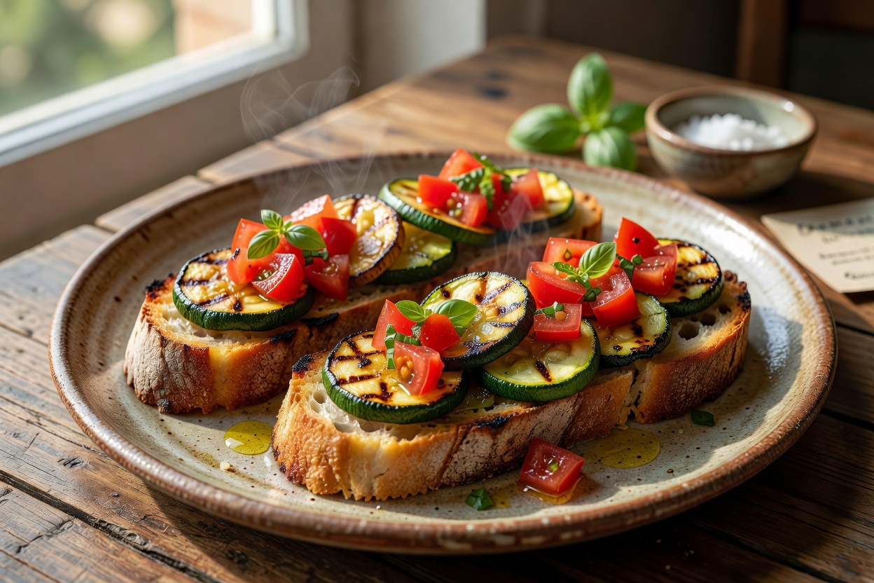 Bruschetta mit gerösteter Zucchini und Tomaten