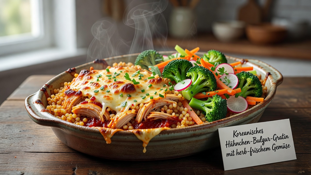 Koreanisches Hähnchen-Bulgur-Gratin mit herb-frischem Gemüse