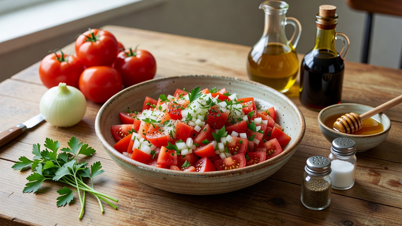 Klassischer Tomatensalat mit Zwiebeln und Petersilie