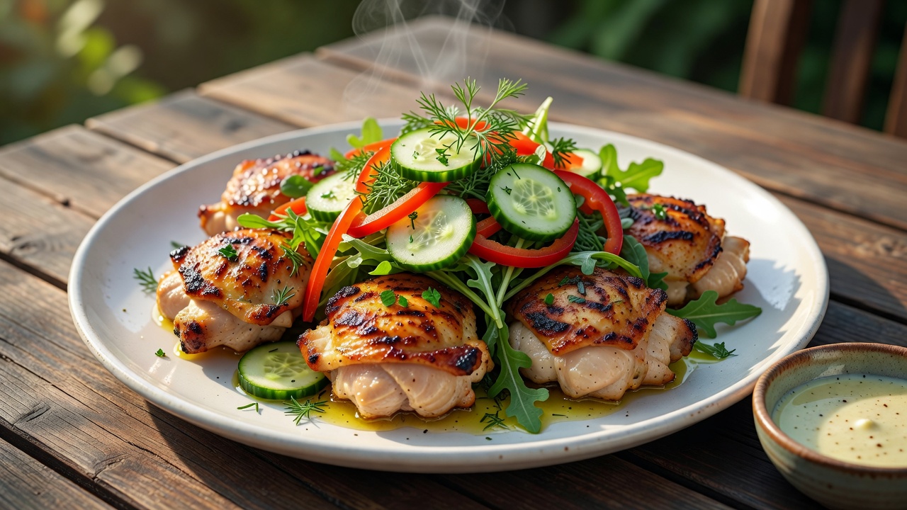 Gegrillte Hähnchenschenkel mit Sommersalat und Zitronen-Öl-Dressing