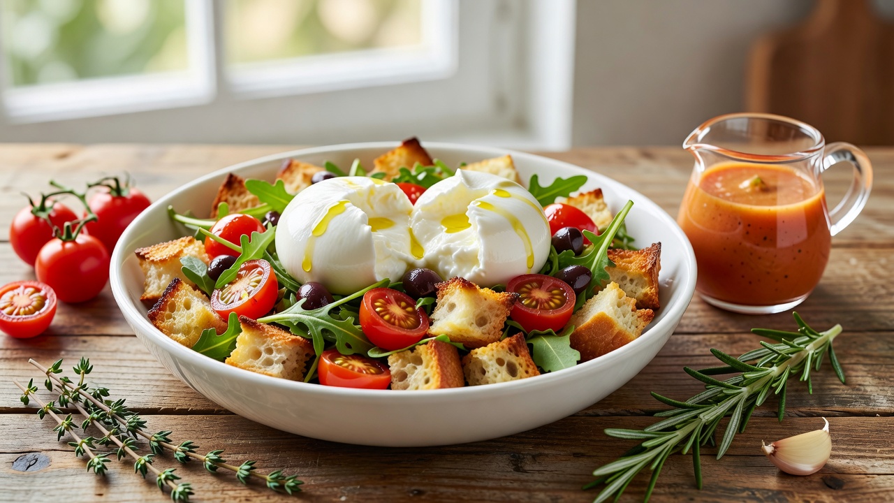 Italienischer Brotsalat Panzanella mit Burrata