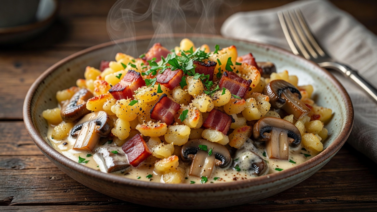 Knusprige Speck-Spätzle mit Champignon-Rahm