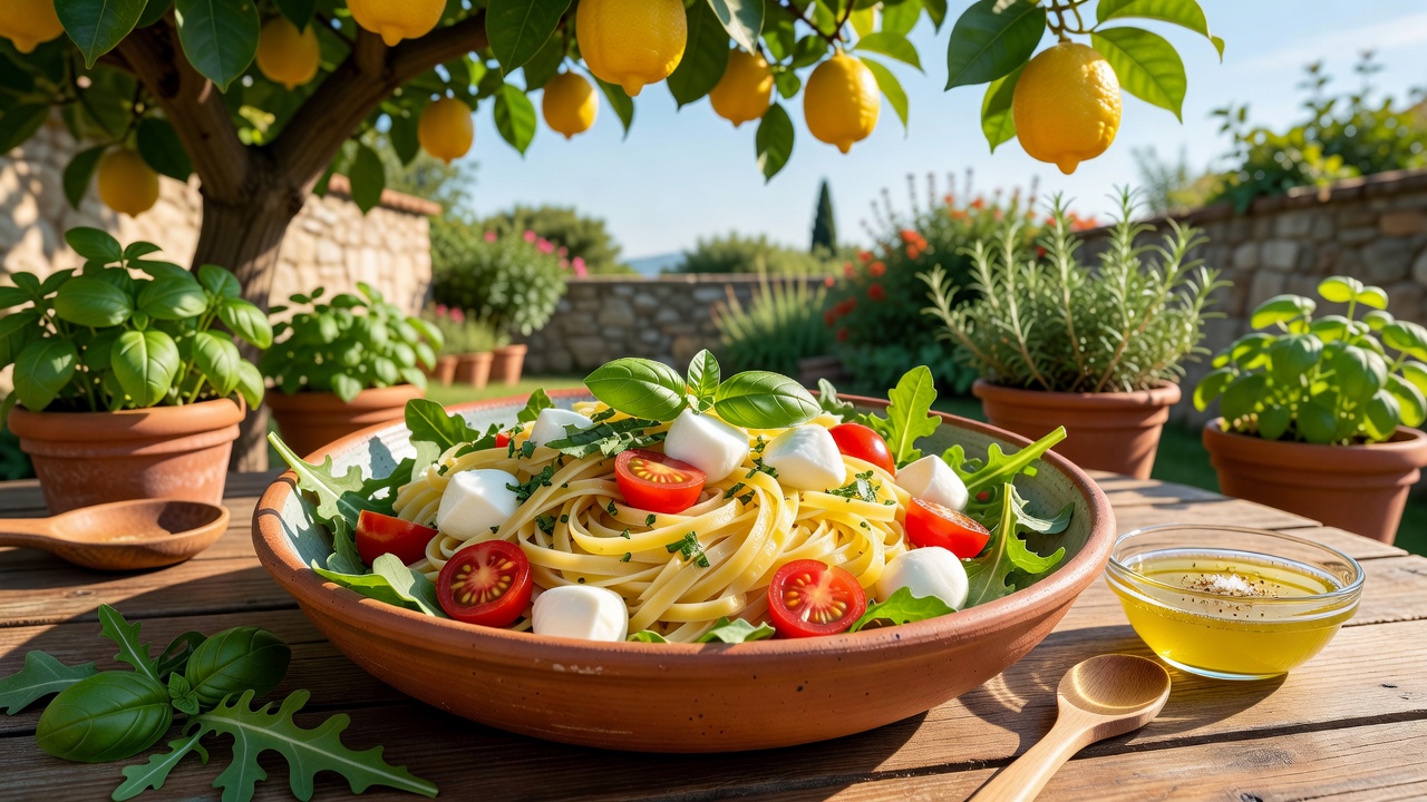 Italienischer Nudelsalat mit Mozzarella, Rucola & Tomaten