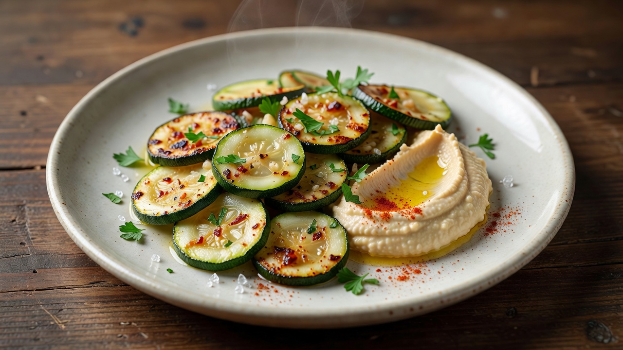 Zucchini mit Hummus, Knoblauch und Chili