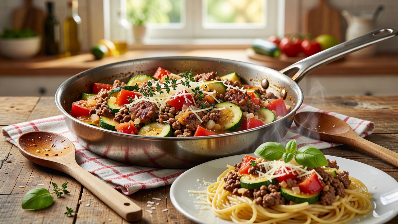 Sommerliche Hackfleisch-Zucchinipfanne mit Tomaten