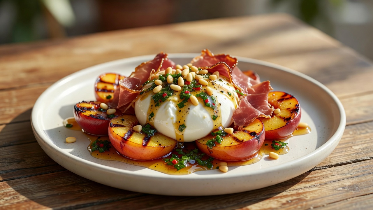 Gegrillte Pfirsich-Burrata-Inseln mit Basilikum-Honig und Prosciutto-Crisps