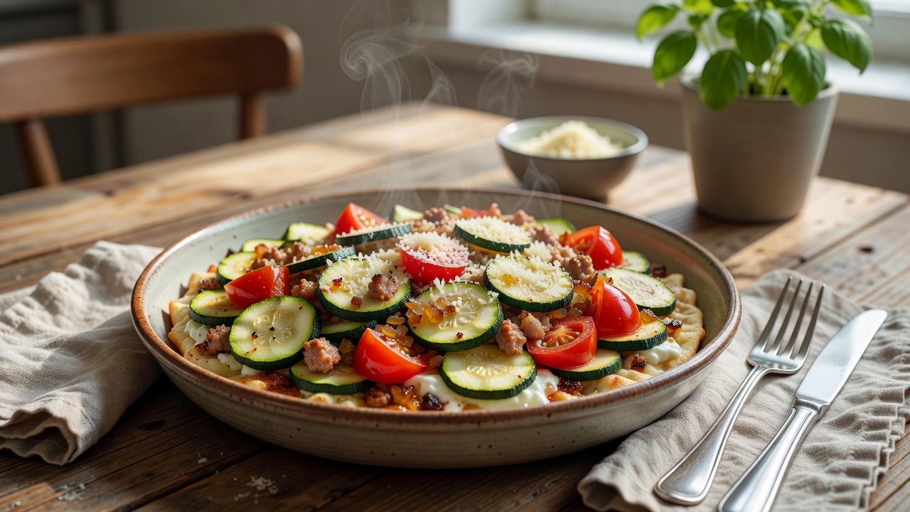 Zucchinifladen mit Schweinehack und Tomaten