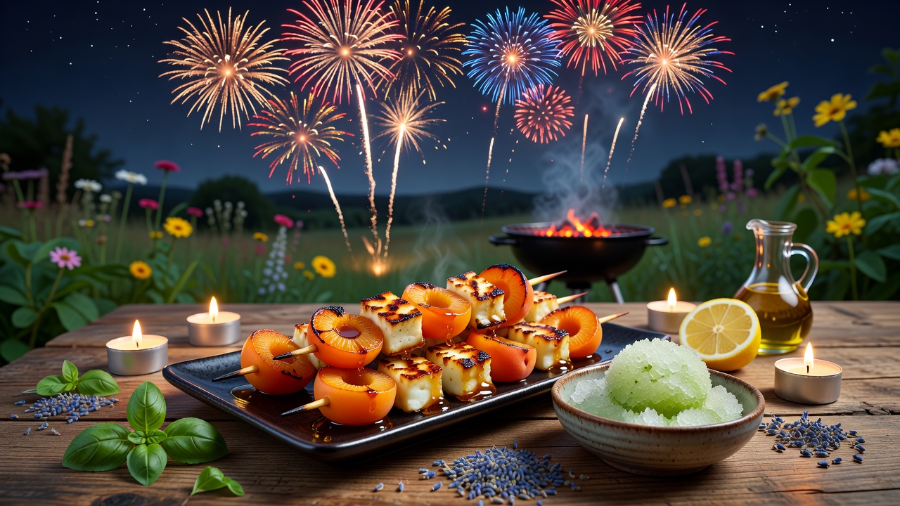 Mittsommer-Feuerwerk: Gegrillte Aprikosen-Halloumi-Spieße mit Lavendel-Honig-Glasur und Basilikum-Granita